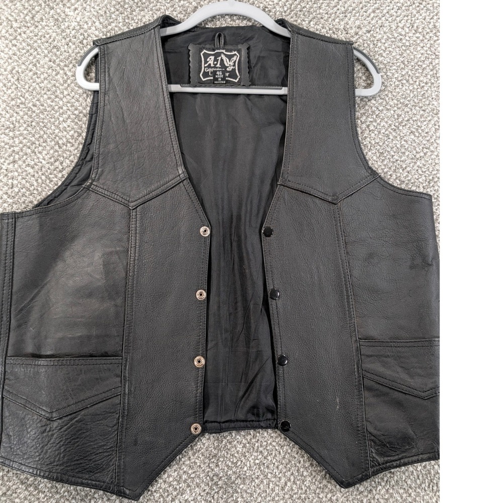 A-1 Genuine Leather Motorcycle Vest Mens 46 Black Biker Snap Front Western Yoke